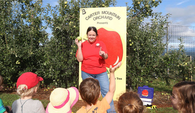 Field trip educator Patty Vandever explains the growing cycle of an apple to a group of Molly Michie Co-op Preschool students during a field trip Wednesday at Carter Mountain Orchard in Albemarle County. Photo/The Daily Progress/Andrew Shurtleff