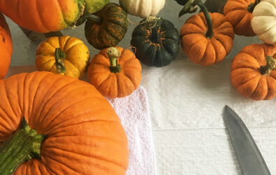 pumpkins on a kitchen counter for baking