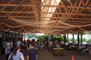 Pavilion covering apple bins and picnic tables at Carter Mountain