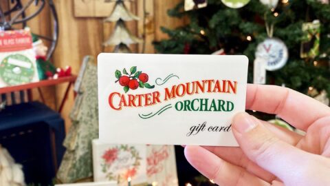 Carter Mountain Orchard gift card in front of Christmas decorations