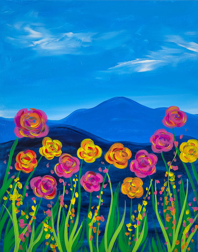 paint & sip event with Shenandoah Springtime - blue ridge mountains with flowers in the foreground