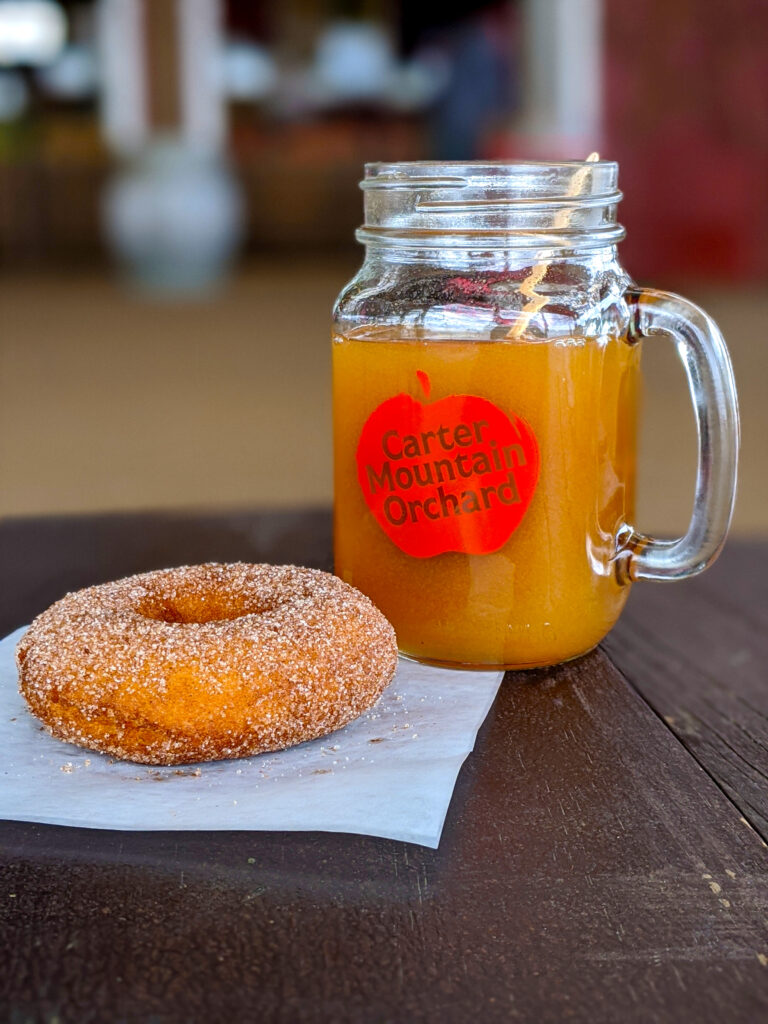 cider donut next to mug of carter mountain orchard