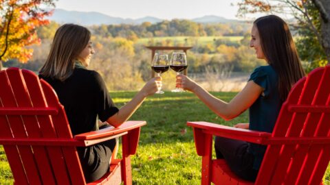 Red wine and red Adirondack chairs outdoors at Chiswell Farm & Winery