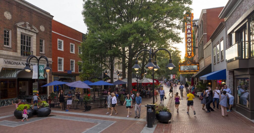 Charlottesville's downtown mall at evening.