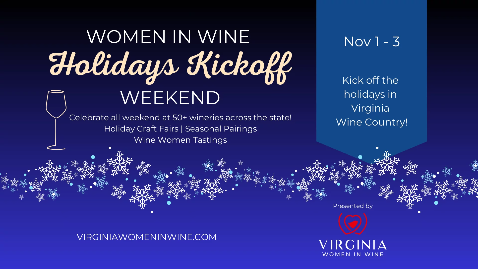 A designed banner for the Virginia Women in Wine's Holidays Kickoff Weekend