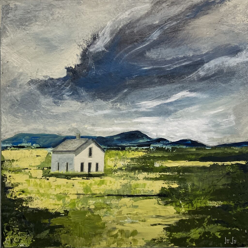 A cloudy landscape painting featuring an isolated farmhouse by JeJe Moore.