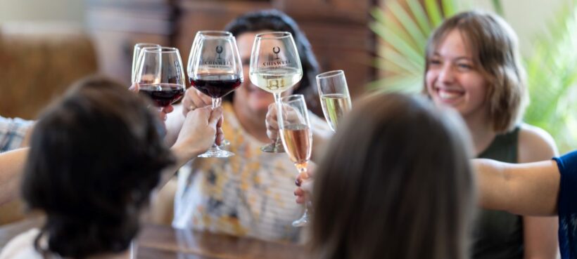 A group of people clinking wine glasses together around a table.