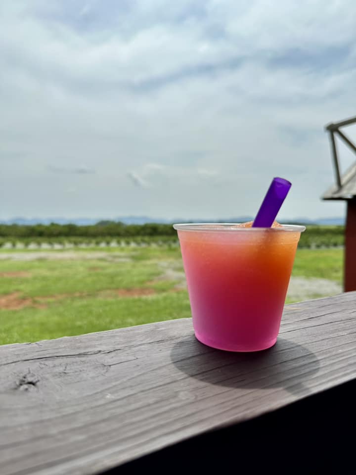 A wine slushie on a railing at Chiles Peach Orchard