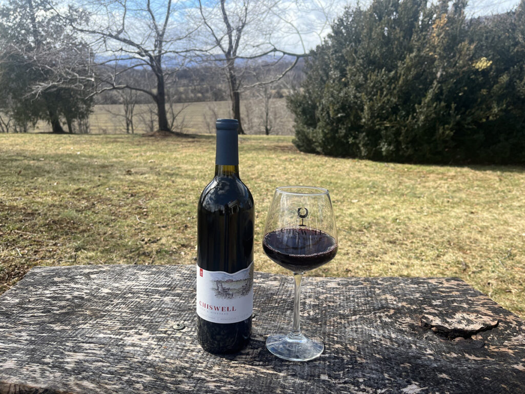 Chiswell's 2022 Cabernet Franc outside on a winter day.