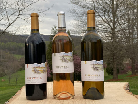 Three award-winning Chiswell wines outdoors in spring