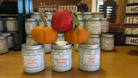 Fall-themed candles arranged with decorative pumpkins and apples