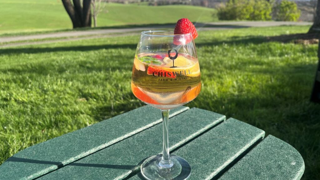 A colorful, fruity spritzer in a wine glass on a table outside.
