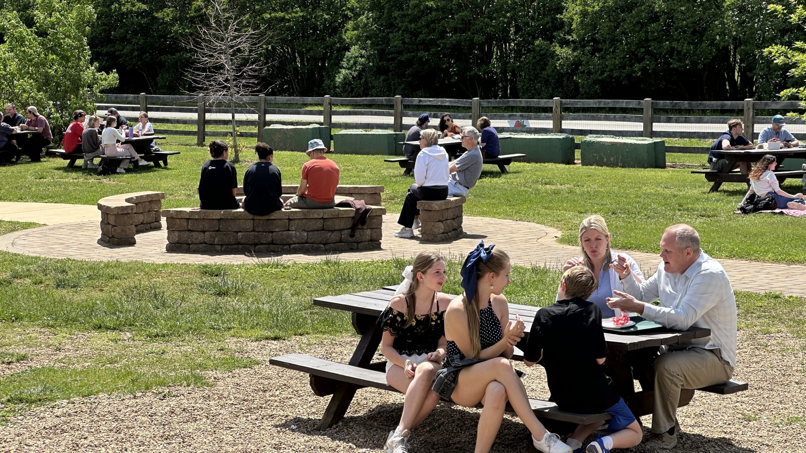 People at tables and a fire pit outdoors in the summer