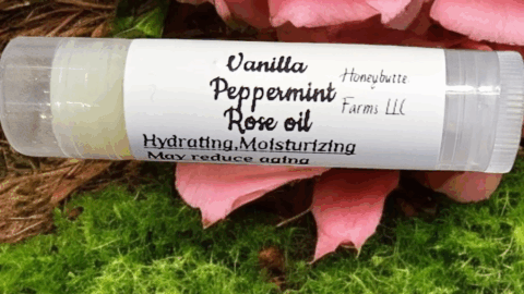 a tube of vanilla peppermint rose oil made by Honeybutter Farms