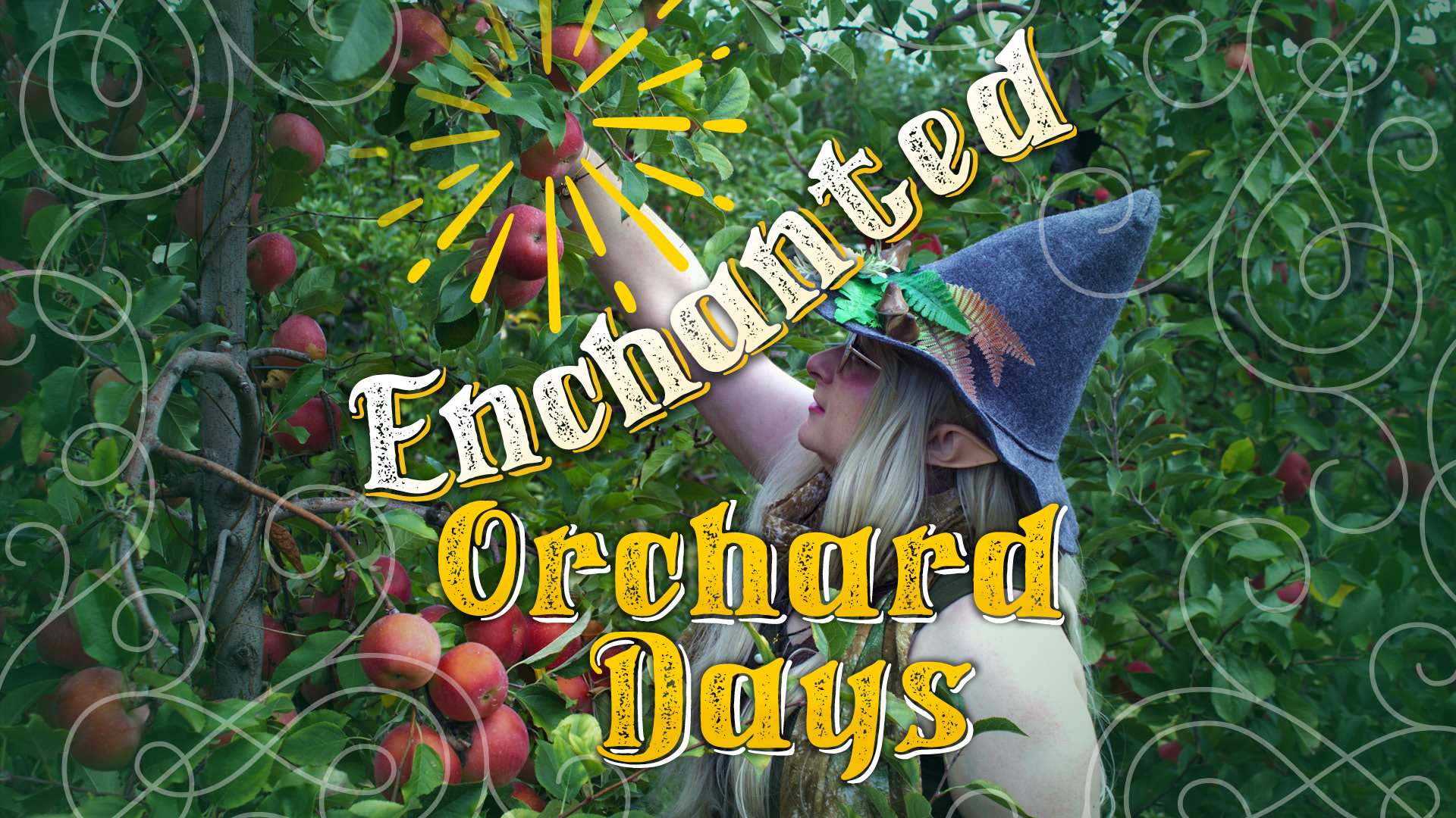 A woman in a witch costume picking apples, with the text "Enchanted Orchard Days"