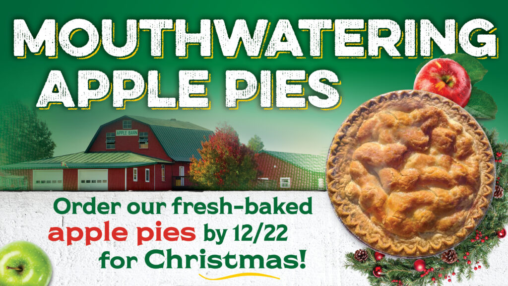 A graphic with a pie and a barn reading "Mouthwatering apple pies."