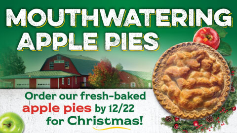 A graphic with a pie and a barn reading "Mouthwatering apple pies."