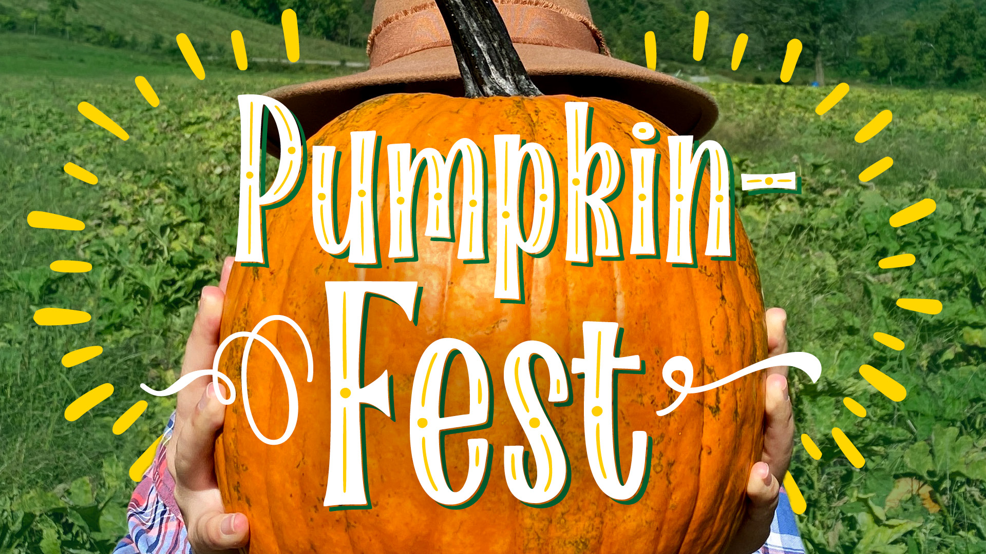 A graphic with the text "pumpkinfest" over a wperson holding a pumpkin