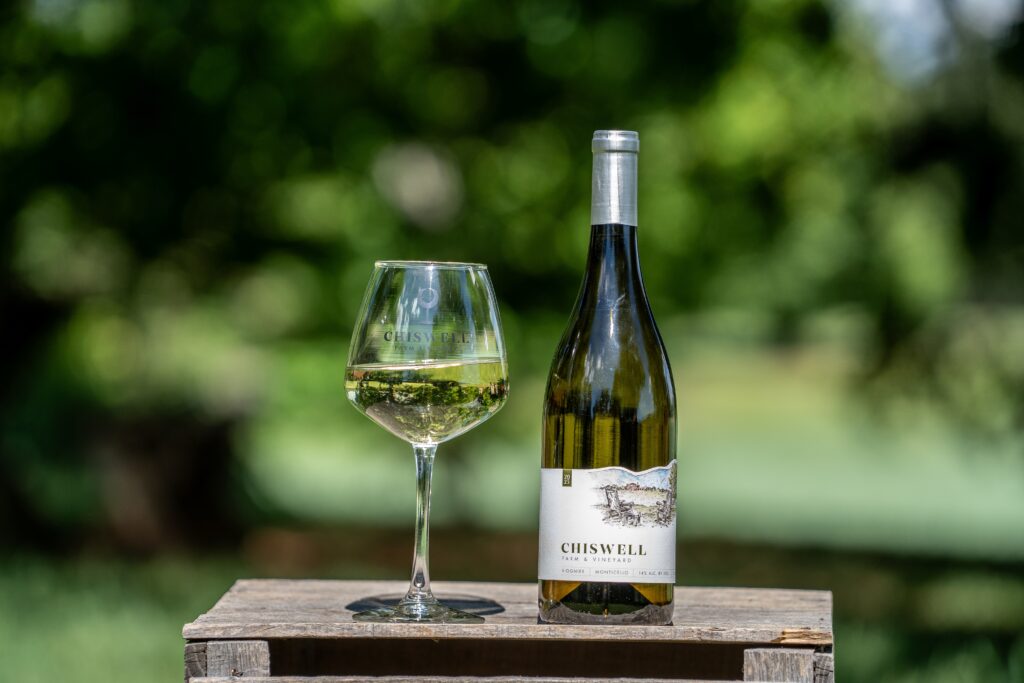 viognier glass and bottle outside