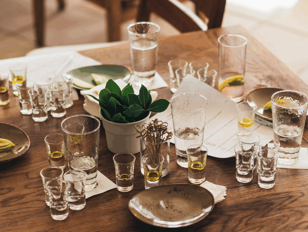 A table set up for an olive oil tasting.