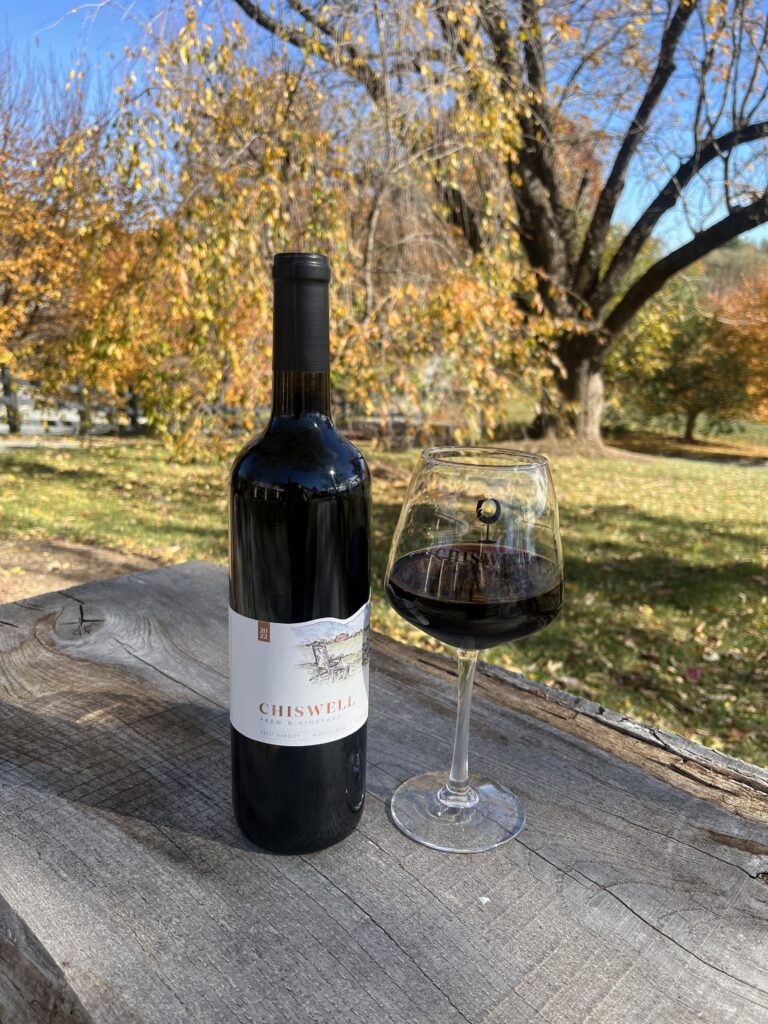 A bottle and glass of wine outside in fall