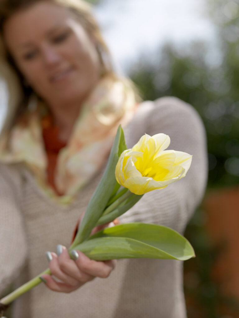 A woman holding a yellow tulip