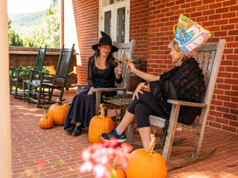 Two witches sipping wine on a porch