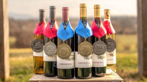 A group of six wines outdoors with award medals