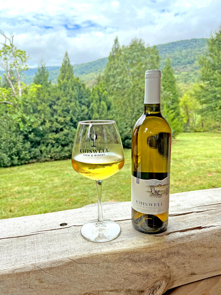 a glass and bottle of white wine outdoors