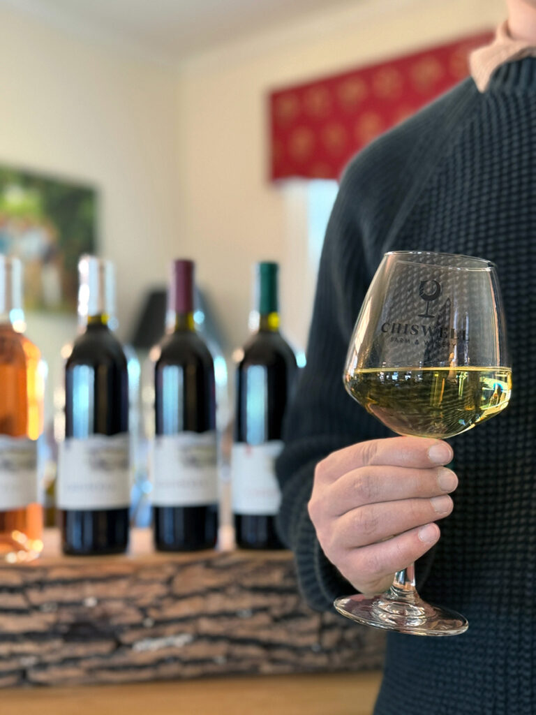 A person at a wine bar holding white wine