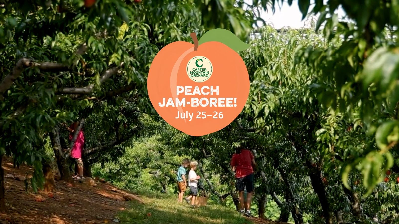 People picking peaches with a "Peach Jamboree" graphic overlay