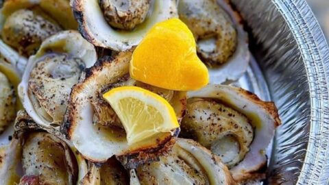 a tray of oysters with lemon
