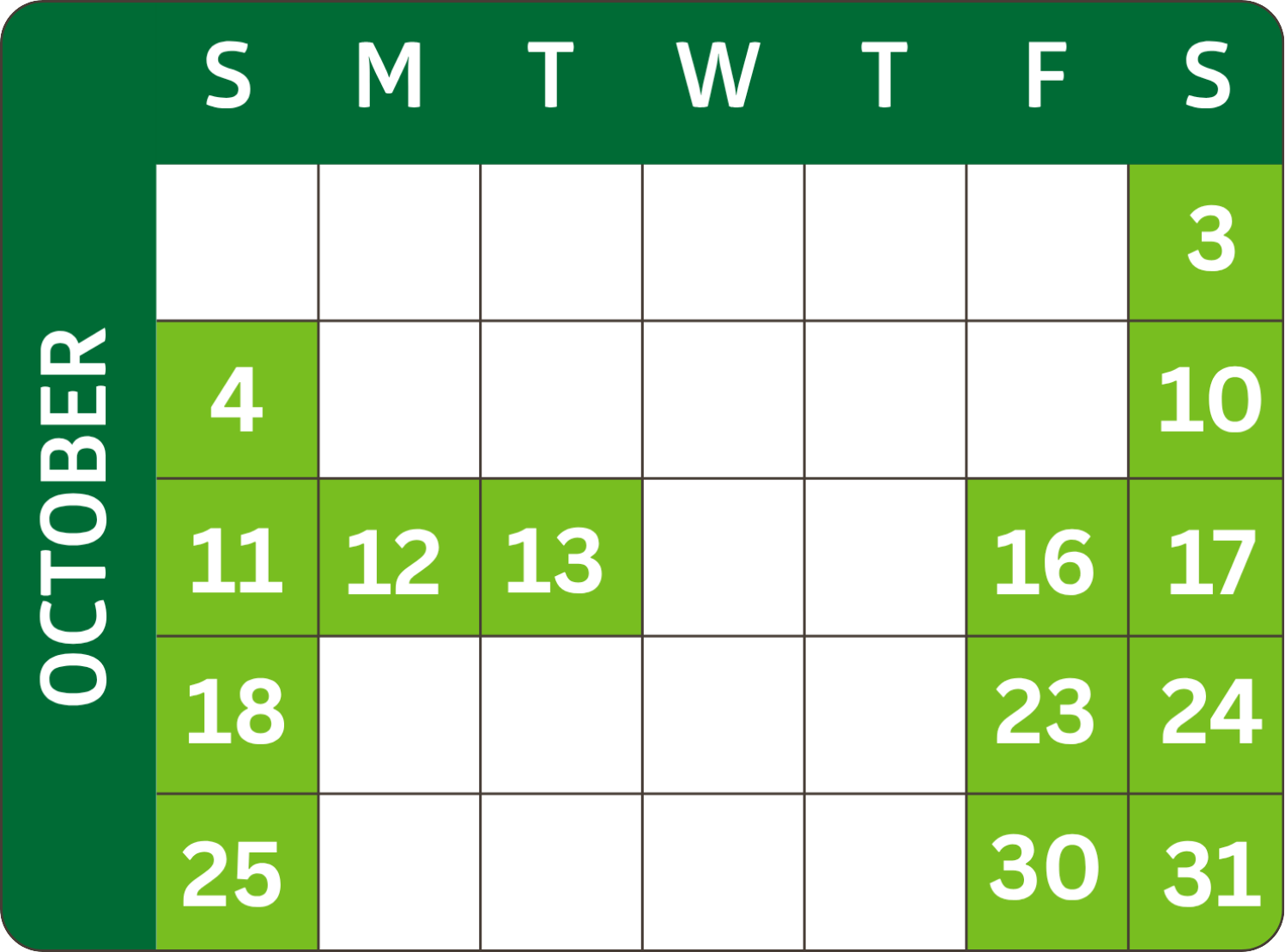 An October calendar with dates highlighted