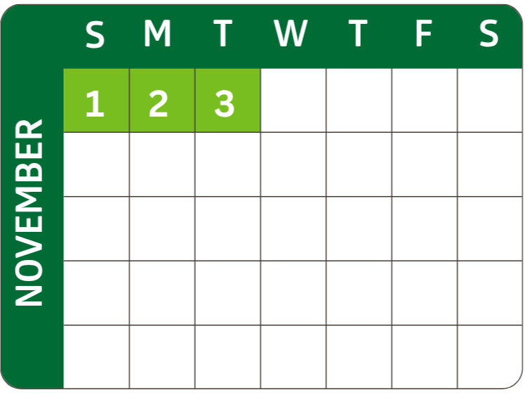 A calendar of November with dates highlighted.
