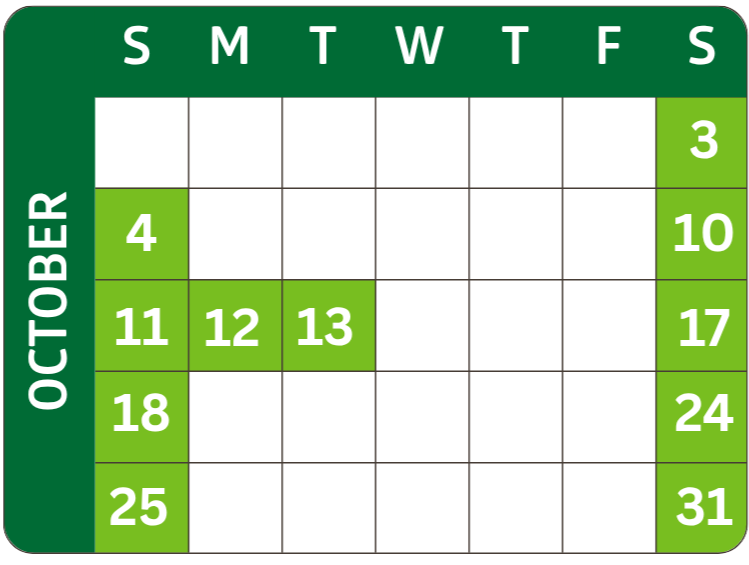 A calendar of October with dates highlighted.