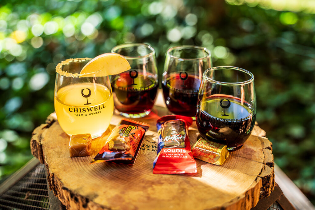 A wine flight paired with Halloween candy
